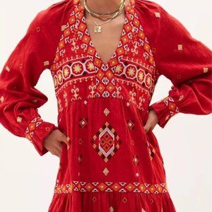 Anthropologie Dress | Red Embroidered Tunic Dress Long Sleeves, Size Large